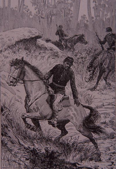 Svarta spårare som jagar bushrangers i Australien (gravyr) av Unknown artist
