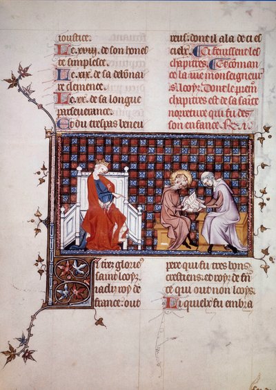 Blanche de Castille, Frankrikes drottning (1188-1252), leder utbildningen av sin son Ludvig IX (1214-1270) (Saint Louis Miniature från ett manuskript "Life and Miracles of Saint Louis" av William of Saint Pathus. 1320. Paris , B.N. av Unknown artist