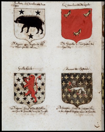 Blazoner av riddare av det runda bordet: 1. Brallain, riddaren med två gungor, 2. Riddaren av Norgales, 3. Gallehault, 4. Amoraten av Lystenois. sd. 1800-talet. av Unknown artist