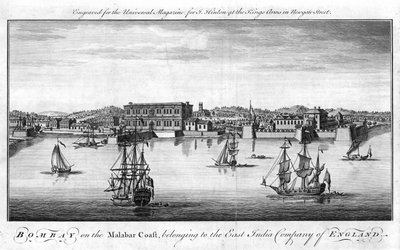 Bombay, East India Company of Englands hamn på Malabarkusten i Indien, med företagets handelsfartyg i förgrunden och lager och byggnader vid kajen bakom. Kopparstick, London av Unknown artist