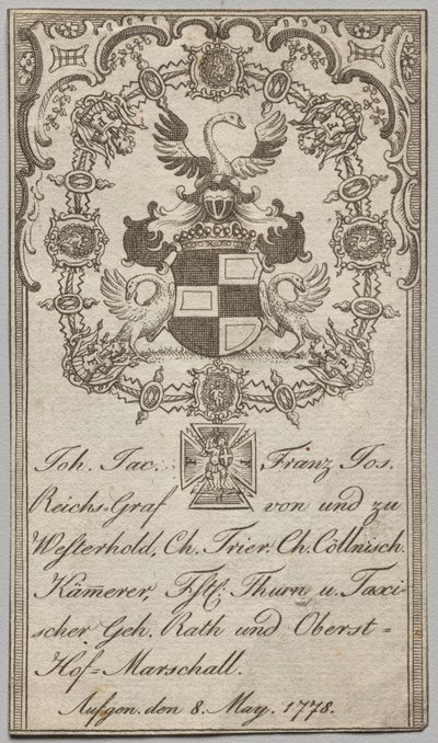 Bokskylt: Johan. jac Franz Joseph, kejserlig greve av Westerhold av Unknown artist