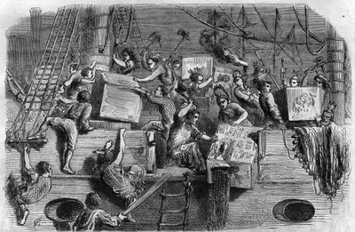 Boston teparty. USA:s frihetskriget: revolt från amerikanska bosättare (av Storbritanniens ursprung) mot skatter som införts av det engelska parlamentet på te och andra livsmedel. De förkläder sig till indianer och kastar lasten av teet i havet av Unknown artist