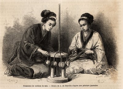 Flätare av sidensnören, i deras verkstad i Yedo (eller Edo, dagens Tokyo); dessa flätor är mycket förlängda eftersom de används för att arrangera och underhålla militära och civila kostymer (japanerna ignorerar knappen och klämman för att knyta kläderna).  av Unknown artist
