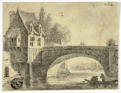 Bro med hus av Unknown artist