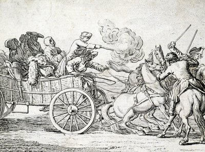 Brigander attackerar passagerare på en vagn. Gravyr av en anonym 1700-tal. av Unknown artist