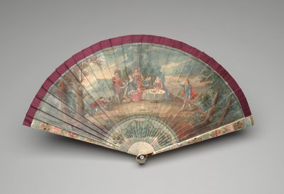 Briséfläkt med en scen av en fest utomhus, ca 1700-25 (gouache på elfenbensblad, sidenband, förgyllning, sköldpadd, pärlemor och mässing). av Unknown artist
