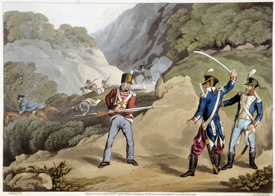 Brittisk soldat tillfångatog två franska officerare i slaget vid Pyrenéerna - i "Historiska, militära och sjöanekdoter..." av Edward Orme av Unknown artist