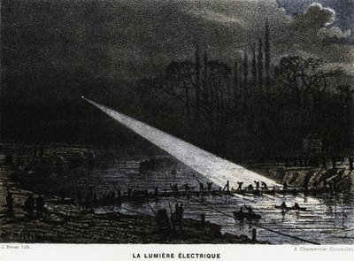 Byggande av försvarsverk över Seine på natten med hjälp av bågljus. Fransk-preussiska kriget av Unknown artist