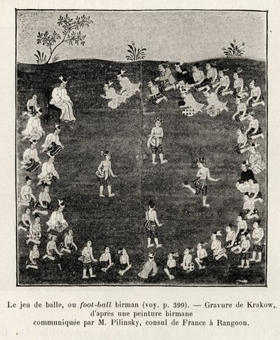 Burmesisk fotboll eller bollspel. Gravyr av Krakow för att illustrera berättelsen "Femton dagar i Burma", av E.Cavaglion, 1886, i Le tour du Monde 1892, regisserad av Edouard Charton (1807-1891), Hachette, Paris. av Unknown artist