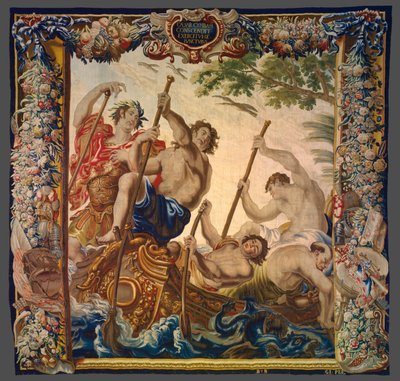 Caesar ger sig av med båt för att ansluta sig till sin armé från Berättelsen om Caesar och Cleopatra av Unknown artist