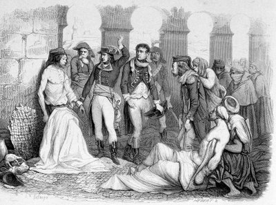 Campaign (Expedition) of Egypt (1798-1801): General Bonaparte besöker pestifersjukhuset i Jaffa, Egypten. Gravyr 1800-talet. av Unknown artist
