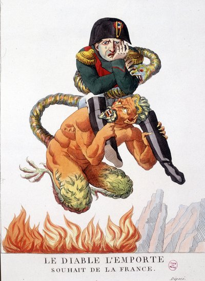 Tecknad film om Napoleon Bonaparte buren av djävulen: Må djävulen segra Frankrikes önskan - i "" Napoleon I, karikatyrer, dummysamling"". 1814 - 1815. B.H.V.P. av Unknown artist