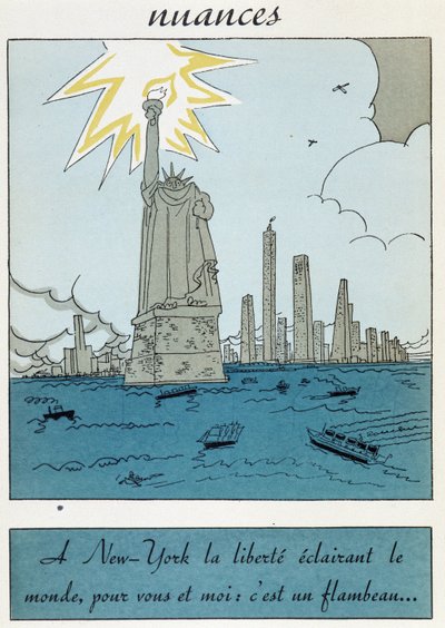 Tecknad film av Frihetsgudinnan i USA: "Frihet i New York lyser upp världen, för dig och jag är det en fackla"" av Unknown artist