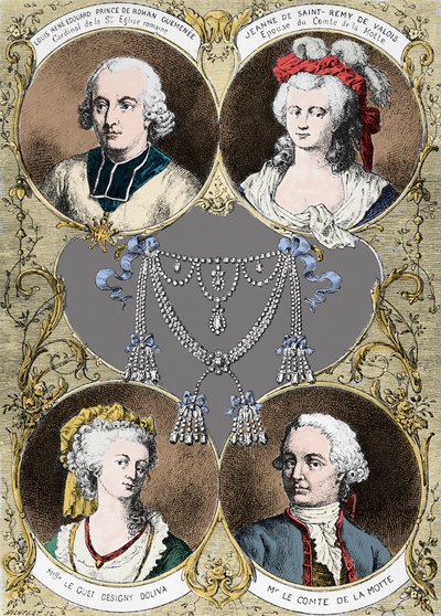 Fall av halsband av drottning Marie Antoinette - huvudpersonerna i fallet: Louis Rene Edouard de Rohan (kardinal de Rohan), Jeanne de Valois Saint Remy (Valois-Saint-Remy), greve de la Motte och Mademoiselle Le Guet d