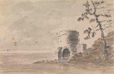 Slottsruin i landskapsscen med en sjö av Unknown artist
