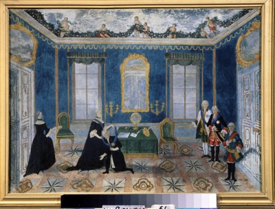 Katarina II av Ryssland (1729-1796) återkallar kansler Alexey Bestoujev Rioumine (1693-1768) till domstolen. Anonym målning från 1700-talet, olja på duk, andra mån av Unknown artist