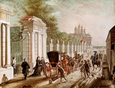 Katarina II eller Katarina Alexejevna (1729-1782) lämnade Peterhofpalatset innan de kröntes till Imperator 1762. Litografi från slutet av 1700-talet. St. Petersburg. Chateau De Peterhof av Unknown artist