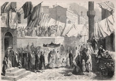 Katolsk procession på gatorna i Konstantinopel med anledning av Fete Dieu (Fete-Dieu) - Gravyr i "" Den illustrerade världen"" av Unknown artist