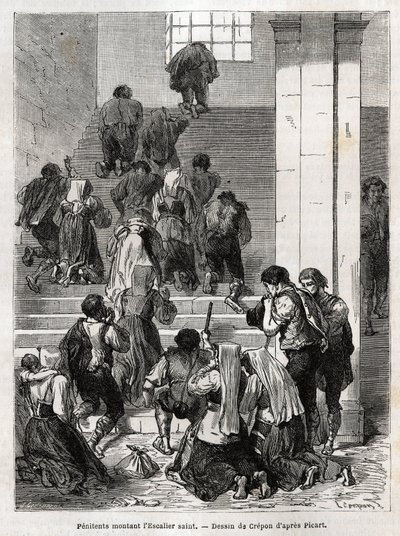 Katolska ångerfulla som går upp för den heliga trappan till Rom. Gravyr för att illustrera historien om Ludovic Celler; Stilla veckan i Rom av Unknown artist