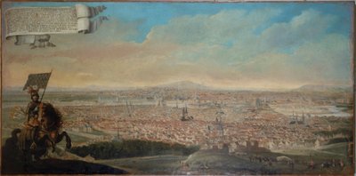 Kavaljervy över Paris, med ryttarporträtt av Chevalier des Essarts, ca 1645 (olja på duk) av Unknown artist