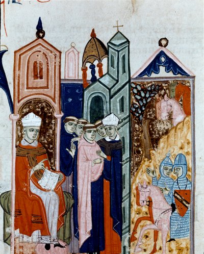 Ceremoni att ta för vana av en miniatyrmunk från "Decret de Gratien"" ("Concordia discordantium canonum" eller "Decretum Gratiani") från 1140 och reglera den romersk-katolska kyrkans lagar och kanoner. 1300-talets Cesena Biblioteca malatesti av Unknown artist