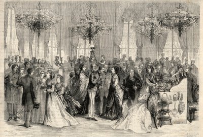 Välgörenhetsförsäljning till utrikesministeriet för byggandet av ett tyskt sjukhus i Paris. Gravyr i "The Universe illustrious" av Unknown artist