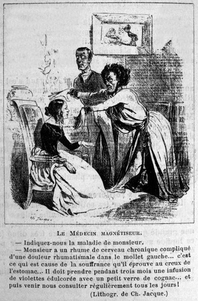 Charlatanism: satir om att konsultera hypnosmagnetiserare för att behandla sjukdomar. Från en litografi av Jacque. 1800-talet av Unknown artist