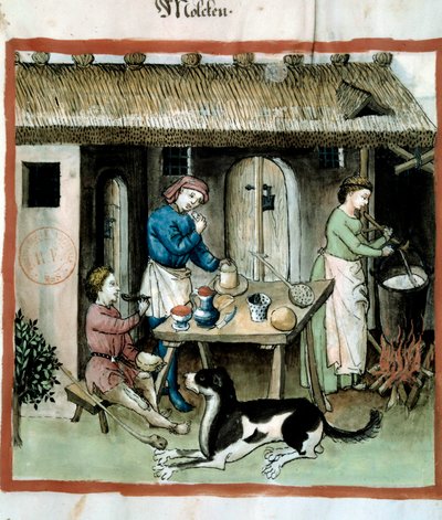 Osttillverkning. Belysning från mjölkning av medicin och diet "" Tacuinum sanitatis"" av Unknown artist