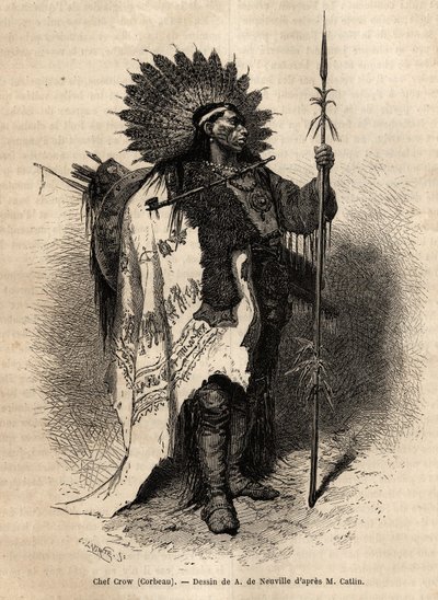 Chief Yellow Moccassin, av indianstammen Crow, som bor längs Lewisfloden. Gravyr för att illustrera en utflykt bland indianstammarna i Colombia och Upper Missouri, av G. Catlin, 1855, publicerad i "" le tour du monde", under av Unknown artist