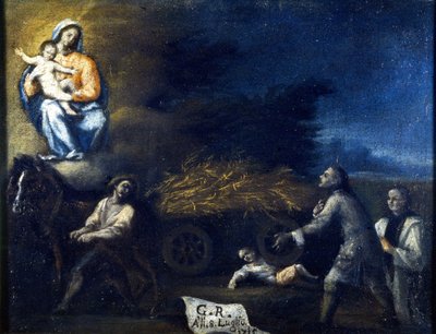 Barn som krossas av en plog. Ex voto från 1715 från helgedomen Santa Valeria a Seregno (Milano). av Unknown artist
