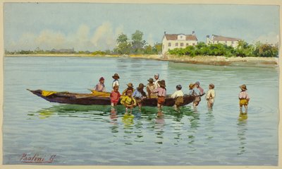 Barn med båt på Venetianska lagunen av Unknown artist