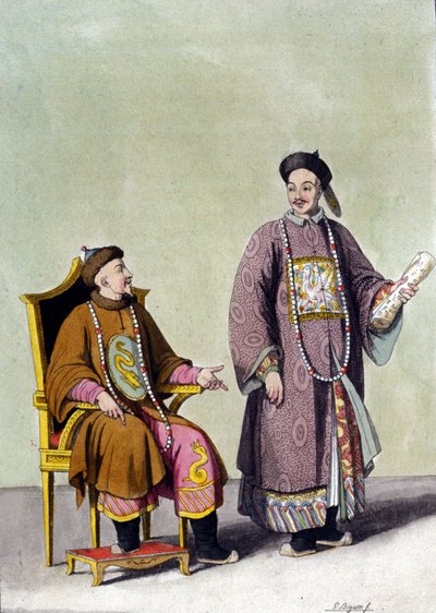 Kinesisk tartarkejsare med sin mandarin – i” Le costume ancien et moderne”” av J. Ferrario, red. Milano av Unknown artist