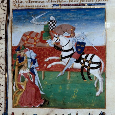 Ridderlig turnering mellan Tristan och Palamede. Miniatyr hämtad från manuskriptet "The novel of Tristan"" med titeln Master Charles of Maine av Unknown artist