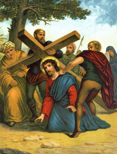Kromolitografi från slutet av 1800-talet som skildrar Kristi liv: Jesus faller först under korset. av Unknown artist