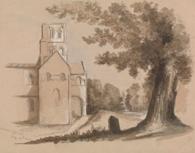 Kyrka med träd och gravsten i förgrunden av Unknown artist