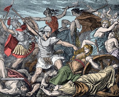 Cimbric Women Defend their Wagon Fort - Roman Antiquite, Cimbres War: Cimbres kvinnors offer mot romerska soldater av Unknown artist