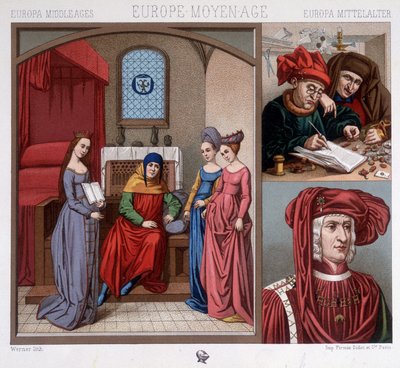 Civila dräkter under medeltiden på 1400-talet. Överst till höger: valutaväxlare i Antwerpen. Nedre höger: porträtt av Maximilian av Österrike (1459-1519) efter Quentin Metzys. I ”Den historiska kostymen” av A. Raquet av Unknown artist