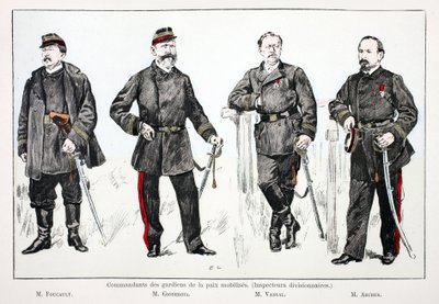 Befälhavare för de mobiliserade fredsbevararna (divisionsinspektörer), från vänster till höger: Mr. Foucault, Mr. Giobergia, Mr. Vassal, Mr. Archer. Färgetsning, för illustration "History of the Corps of Peacekeepers"" bok utgiven i regi av Unknown artist
