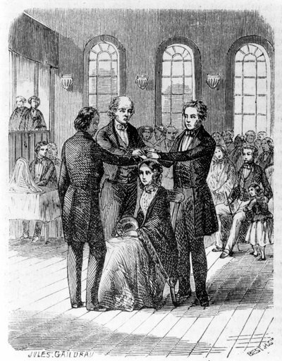 Konfirmation bland mormonerna. 1800-talsgravyr. av Unknown artist