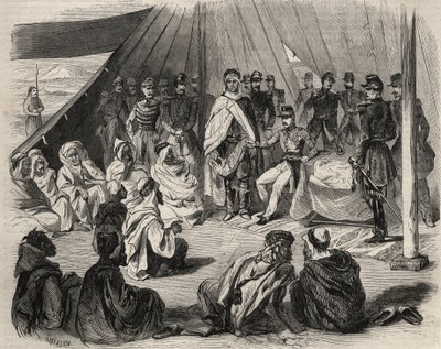 Erövring av Algeriet: expedition till Stora Kabylien 1857. Inlämnande av den kabylenska stammen Beni-Raten (Beni Raten) av den franska armén. Gravyr i ”Le Monde illustrious”” från 1857. Privat samling. av Unknown artist