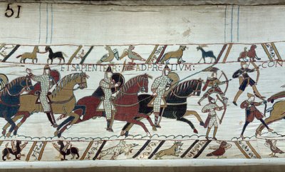 Erövring av England av hertigen av Normandie Vilhelm Erövraren (1027-1087) 1066: början av slaget vid Hastings Detalj av Bayeuxtapet eller broderi av drottning Mathilde av Unknown artist