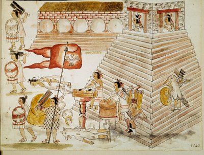 Erövring av Mexiko: förstörelse av Tenochtitlan, huvudstad i Aztekerriket, av arméerna av conquistador Hernan Cortes (Hernando Cortez) (1485-1547) den 24/06/1520”” Miniatyr från ett manuskript av Unknown artist