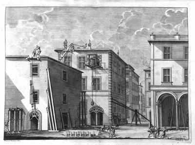 Byggnadsscen i början av 1700-talet. Gravyr från en avhandling av Nicola Zabaglia. av Unknown artist