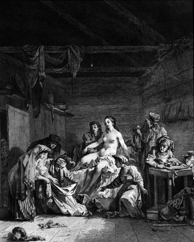 Kontroll av depucking (deflowering) efter äktenskapet med en jungfru i Ryssland. Gravyr från 1700-talet av Unknown artist