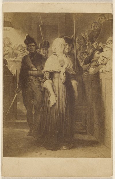 [Kopia av en oidentifierad målning: kvinnor förs in i en rättssal av män med gevär och svärd] av Unknown artist