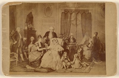[Kopia av ett okänt konstverk: en kvinna som sitter med foten på en kudde och blir serverad] av Unknown artist