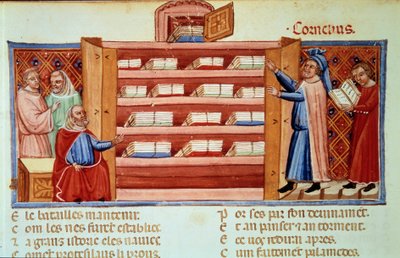 Cornelius Nepos, romersk biograf (100-v.25 f.Kr.), upptäcker i en garderob historien om Troja av Dares den frygier. Miniatyr i "" Le Roman de Troie"" (Folio 2v) av Benoit de Sainte-Maure (1100-talet) av Unknown artist