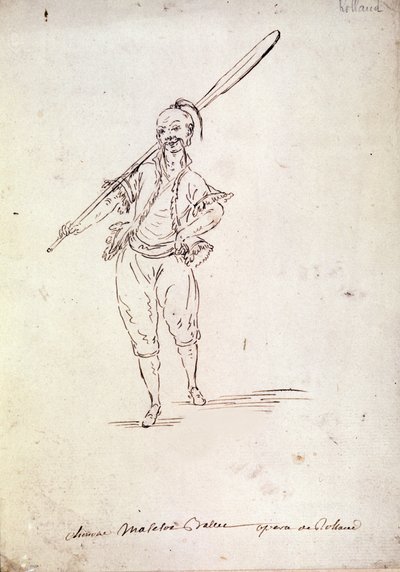 Kostym för karaktären Roland i operan med samma namn av kompositören Niccolo Vito Piccinni (eller Piccini) (1728-1800) efter ett libretto av Jean Francois Marmontel (1778). Teckning från slutet av 1700-talet av Unknown artist