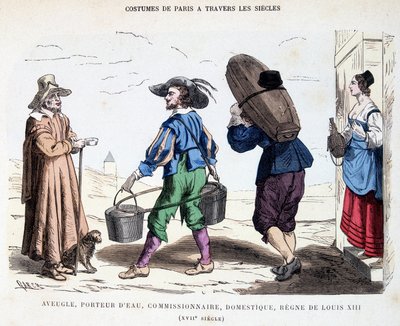 Dräkt av en blind man, en vattenbärare, en kommissionär, en tjänare på 1600-talet under Ludvig XIII:s regering. I Paris kostymer genom århundradena. av Unknown artist