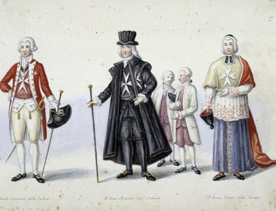 Dräkter: 1. Galärernas generalöverste, 2. Ordens stormästare, 3. Kyrkans storprior. sd. 1800-talet. av Unknown artist